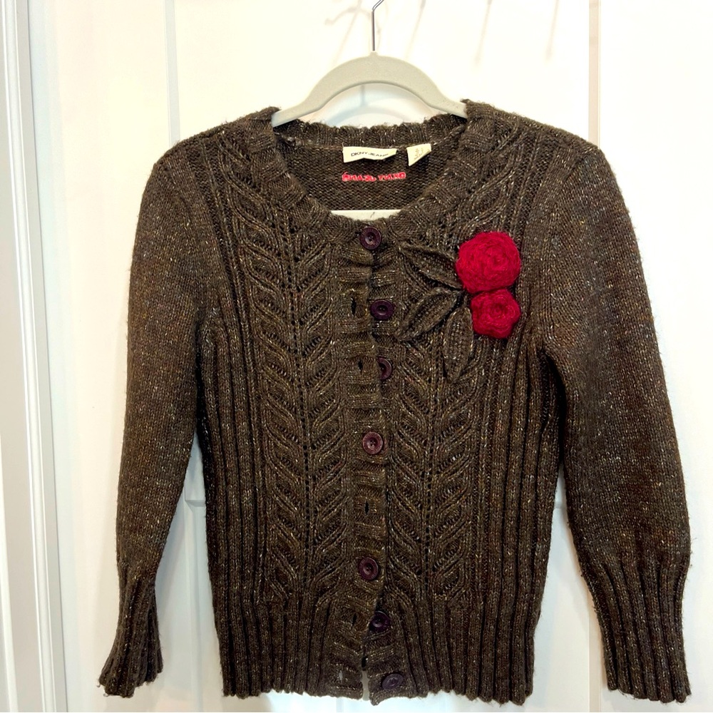 DKNY Floral Embellishment Cardigan Sweater Brown‎ Size Small 3/4 Length Sleeve